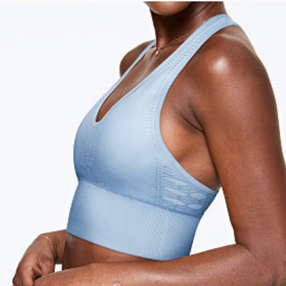 NWT, VICTORIAS SECRET PINK SEAMLESS SPORTS CROP Icy Blue Topaz, SM - Picture 3 of 11